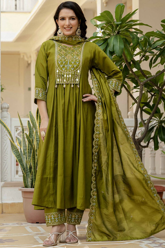 Dark Green Mirror Sequin Silk Kurti Pant Set (iva-126-Mahendi)