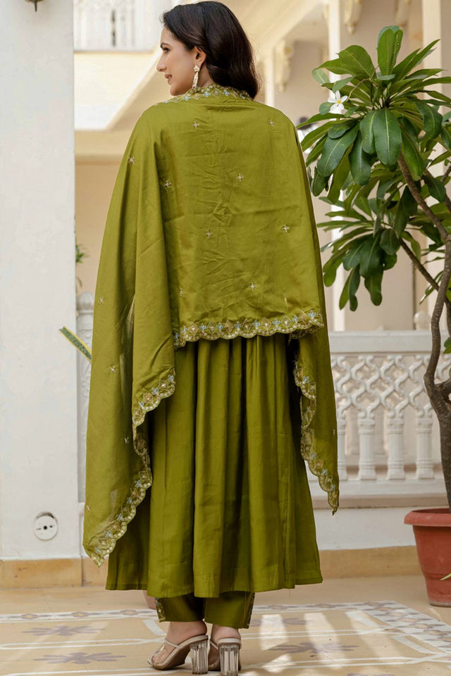Dark Green Mirror Sequin Silk Kurti Pant Set (iva-126-Mahendi)