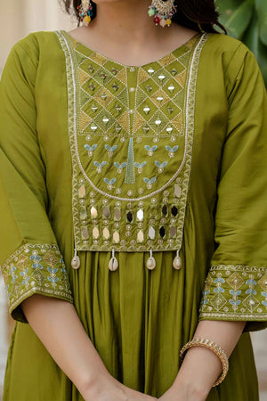 Dark Green Mirror Sequin Silk Kurti Pant Set (iva-126-Mahendi)