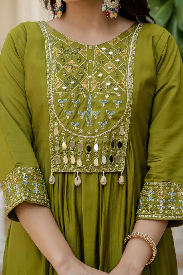 Dark Green Mirror Sequin Silk Kurti Pant Set (iva-126-Mahendi)