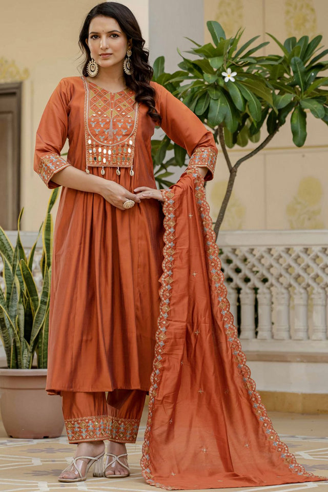 Orange Mirror Sequin Silk Kurti Pant Set (iva-126-Orange)