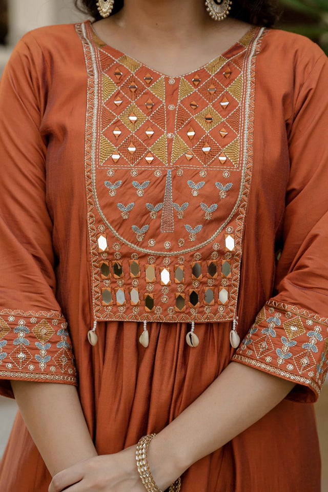 Orange Mirror Sequin Silk Kurti Pant Set (iva-126-Orange)
