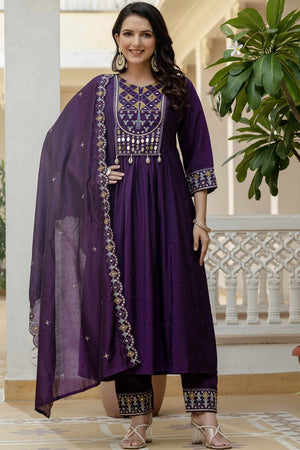 Violet Mirror Sequin Silk Kurti Pant Set (iva-126-Purple)