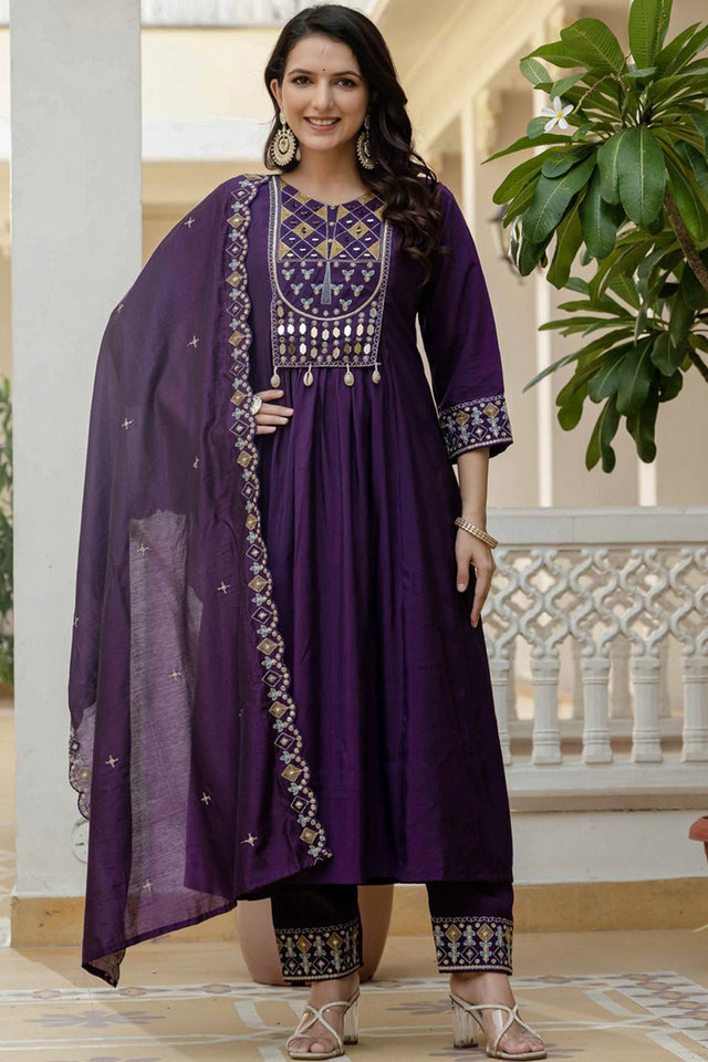 Violet Mirror Sequin Silk Kurti Pant Set (iva-126-Purple)