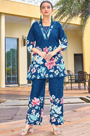 Blue Floral Printed Cotton Co-Ord Set (iva-128-Blue)