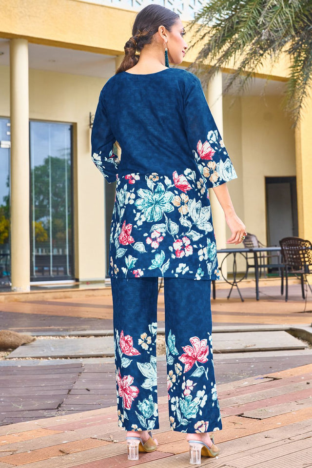 Blue Floral Printed Cotton Co-Ord Set (iva-128-Blue)