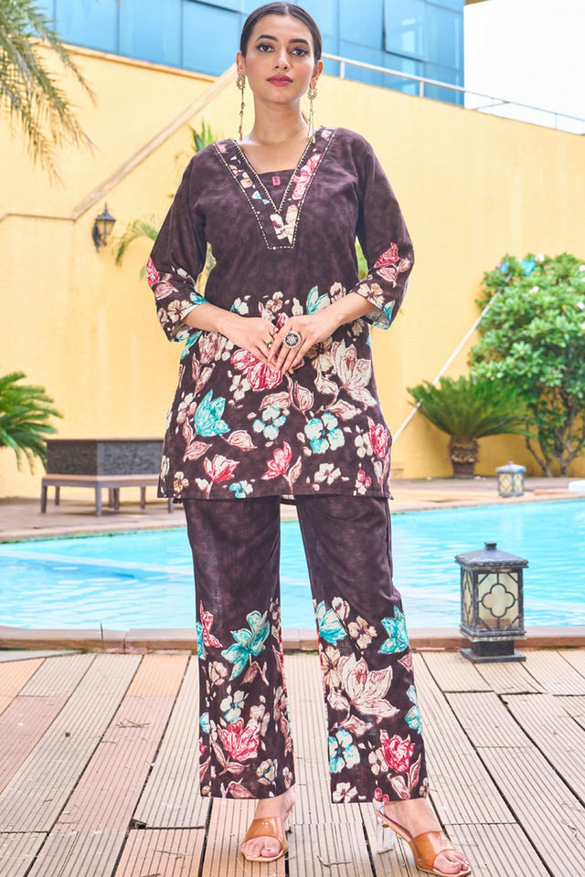 Brown Floral Printed Cotton Co-Ord Set (iva-128-Brown)