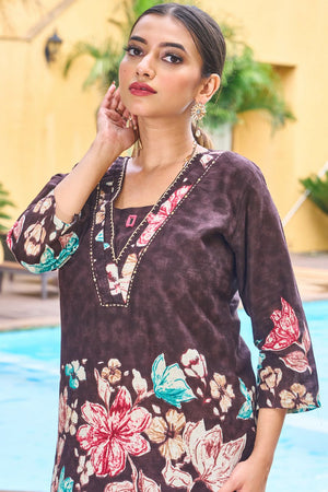 Brown Floral Printed Cotton Co-Ord Set (iva-128-Brown)
