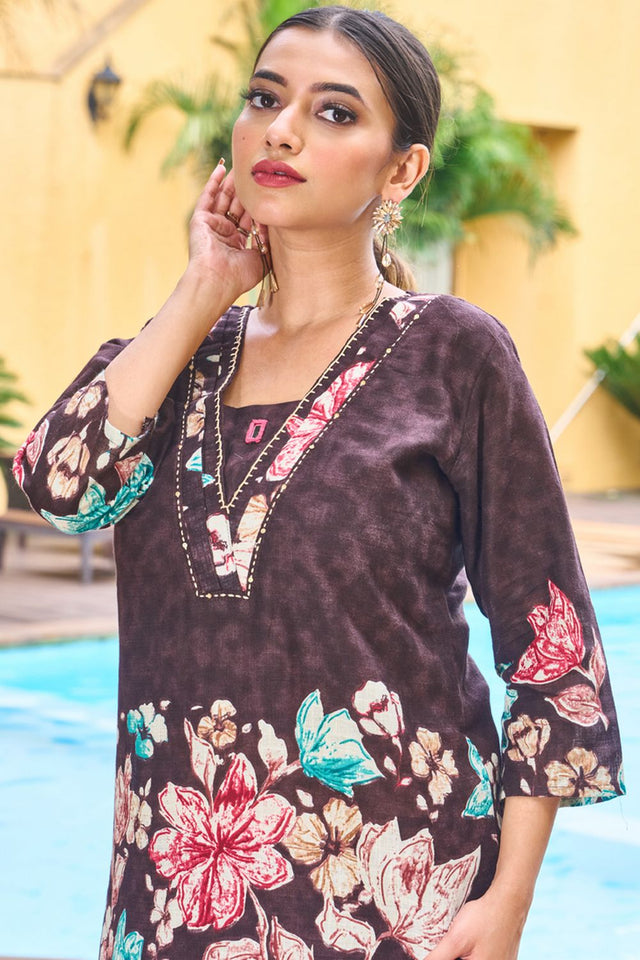 Brown Floral Printed Cotton Co-Ord Set (iva-128-Brown)
