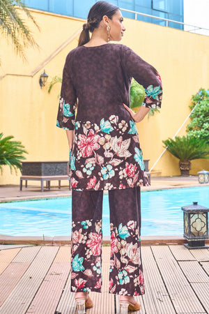 Brown Floral Printed Cotton Co-Ord Set (iva-128-Brown)