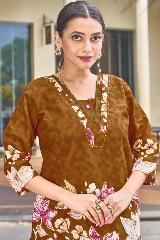 Brown Floral Printed Cotton Co-Ord Set (iva-128-LightBrown)