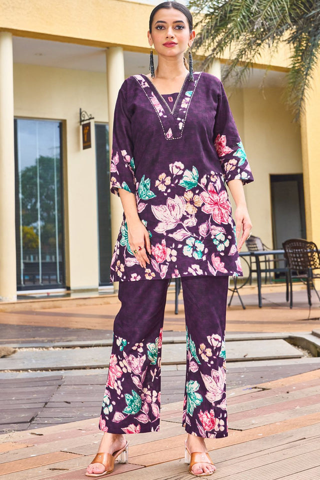 Violet Floral Printed Cotton Co-Ord Set (iva-128-Purple)