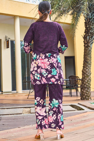 Violet Floral Printed Cotton Co-Ord Set (iva-128-Purple)