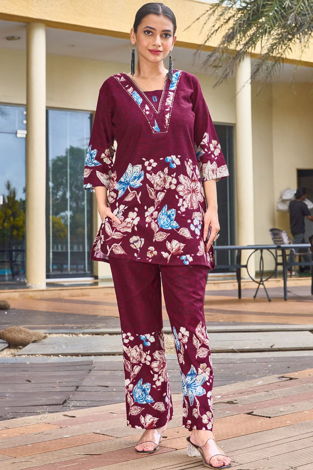 Wine Floral Printed Cotton Co-Ord Set (iva-128-Wine)