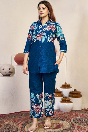 Blue Floral Printed Cotton Kurti Pant Set (iva-129-Blue)