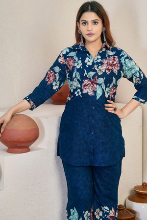 Blue Floral Printed Cotton Kurti Pant Set (iva-129-Blue)
