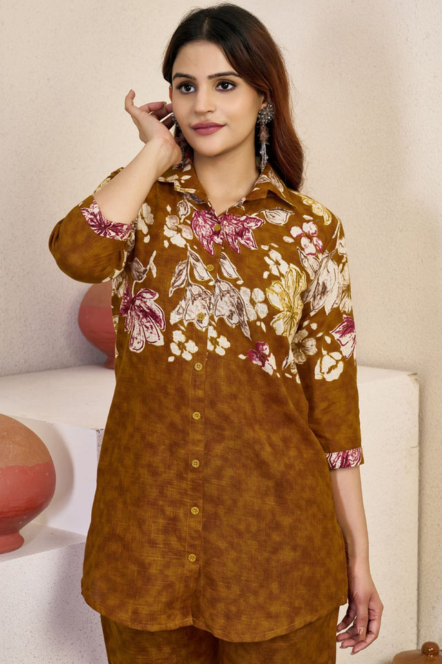Brown Floral Printed Cotton Kurti Pant Set (iva-129-Brown)