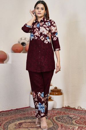 Maroon Floral Printed Cotton Kurti Pant Set (iva-129-Maroon)
