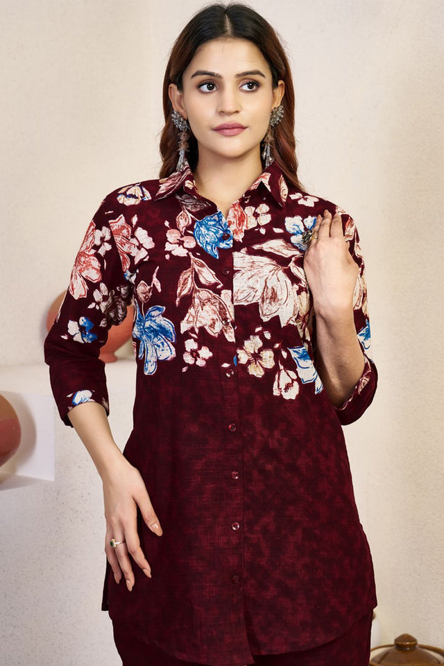Maroon Floral Printed Cotton Kurti Pant Set (iva-129-Maroon)
