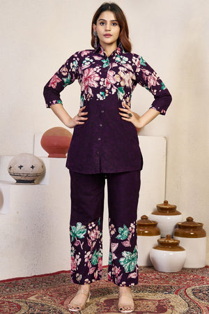 Wine Floral Printed Cotton Kurti Pant Set (iva-129-Wine)