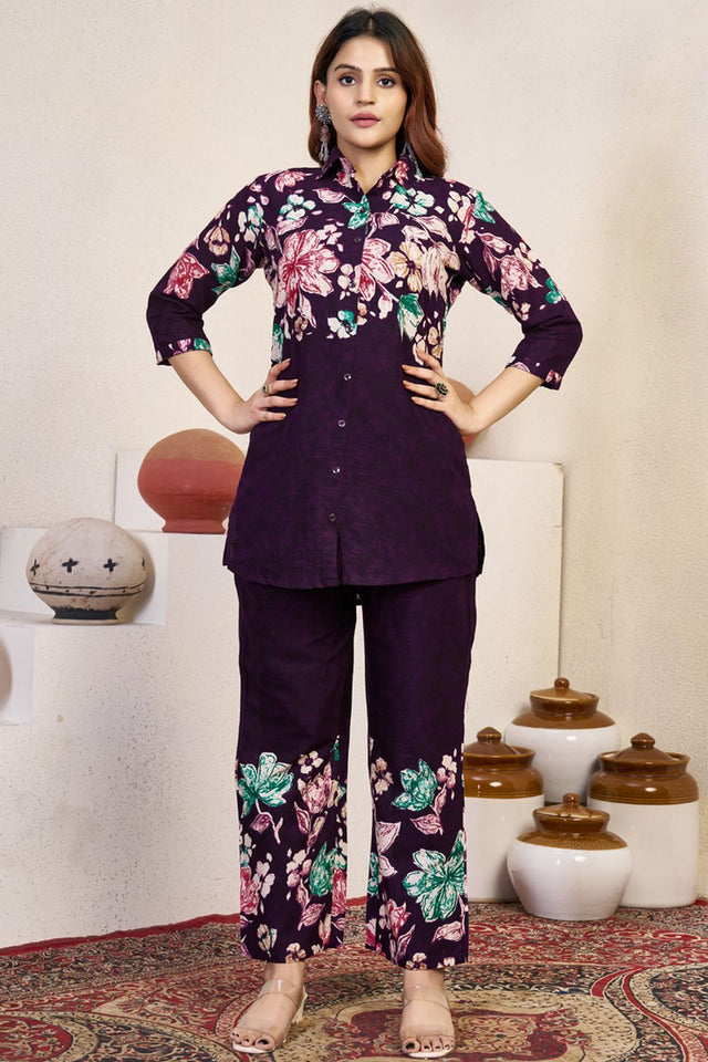 Wine Floral Printed Cotton Kurti Pant Set (iva-129-Wine)