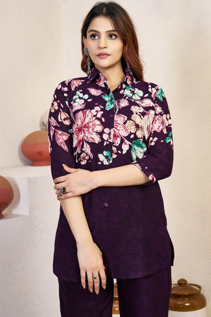 Wine Floral Printed Cotton Kurti Pant Set (iva-129-Wine)