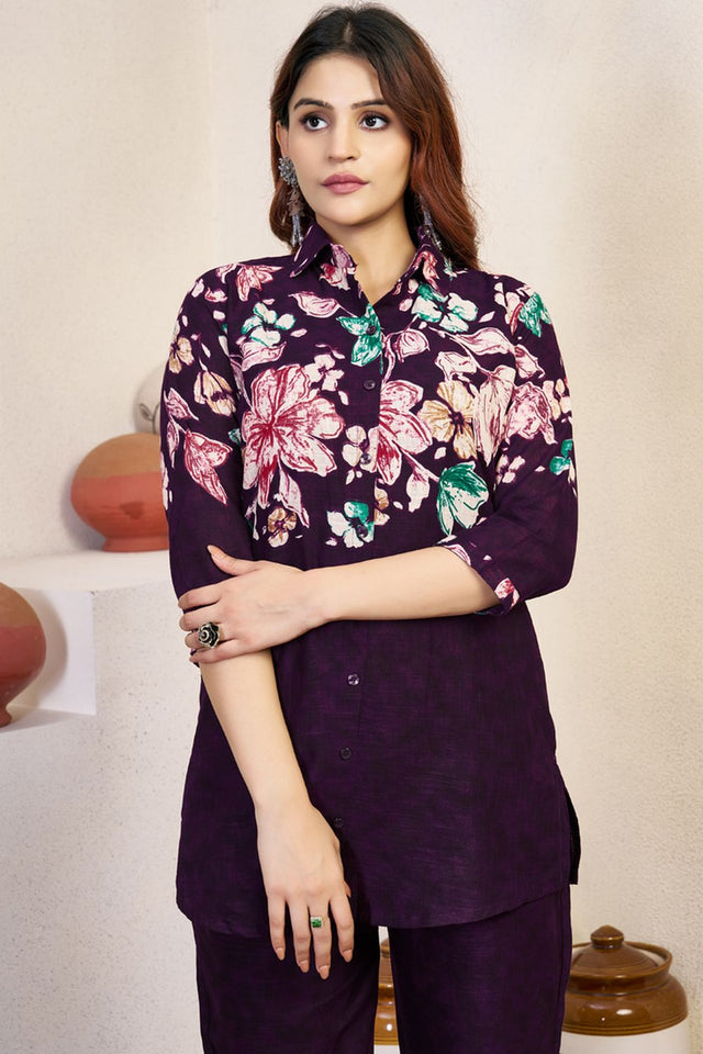 Wine Floral Printed Cotton Kurti Pant Set (iva-129-Wine)