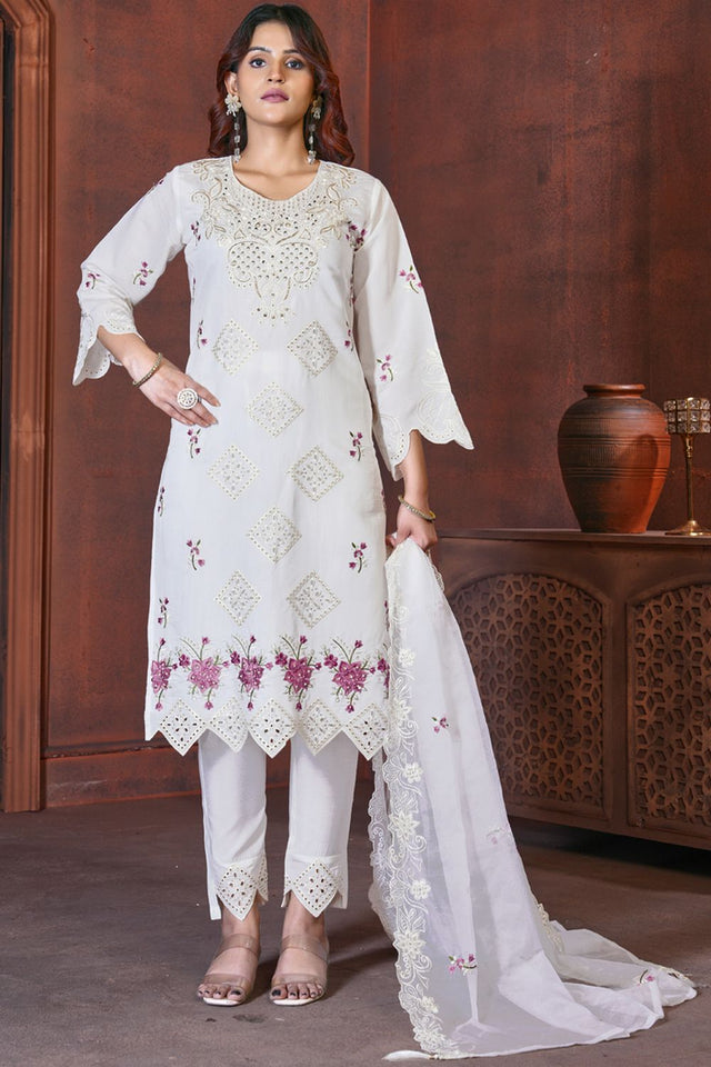 White Sequin with Floral Embroidered Viscose Kurti Pant Set (iva-130-White)