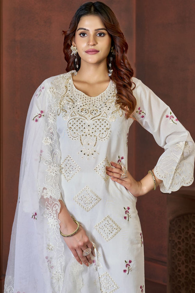 White Sequin with Floral Embroidered Viscose Kurti Pant Set (iva-130-White)