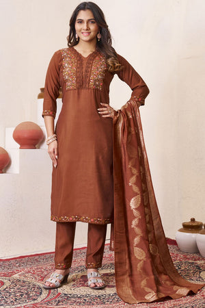 Brown Sequin with Floral Embroidered Silk Kurti Pant Set (iva-135-Brown)