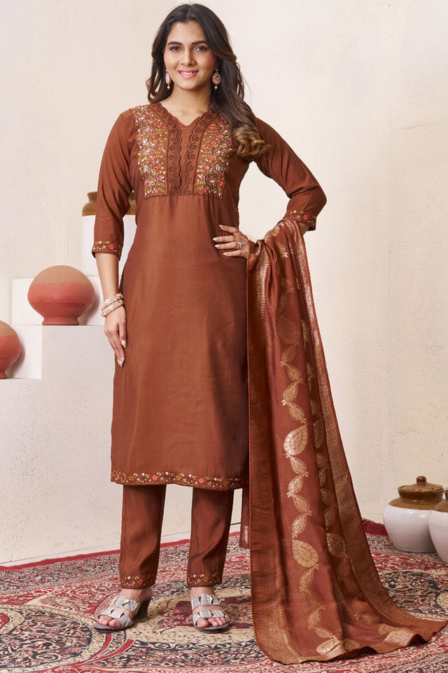 Brown Sequin with Floral Embroidered Silk Kurti Pant Set (iva-135-Brown)