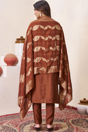 Brown Sequin with Floral Embroidered Silk Kurti Pant Set (iva-135-Brown)