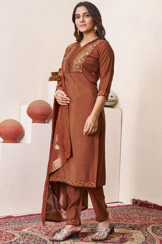 Brown Sequin with Floral Embroidered Silk Kurti Pant Set (iva-135-Brown)