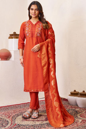 Orange Sequin with Floral Embroidered Silk Kurti Pant Set (iva-135-Rust)