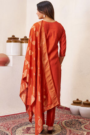 Orange Sequin with Floral Embroidered Silk Kurti Pant Set (iva-135-Rust)