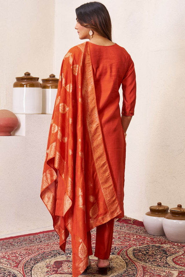Orange Sequin with Floral Embroidered Silk Kurti Pant Set (iva-135-Rust)