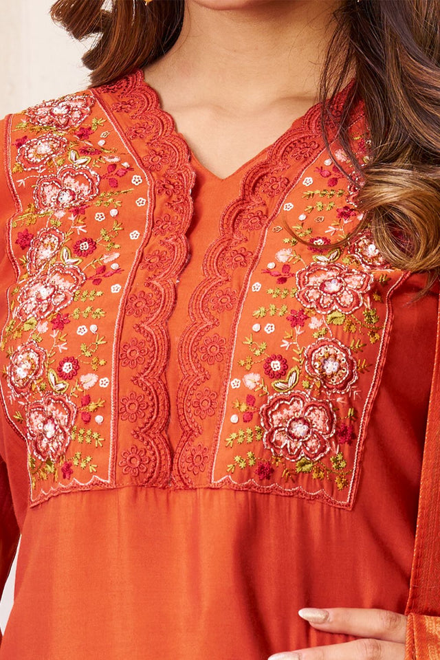 Orange Sequin with Floral Embroidered Silk Kurti Pant Set (iva-135-Rust)