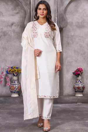 White Sequin with Floral Embroidered Silk Kurti Pant Set (iva-135-White)