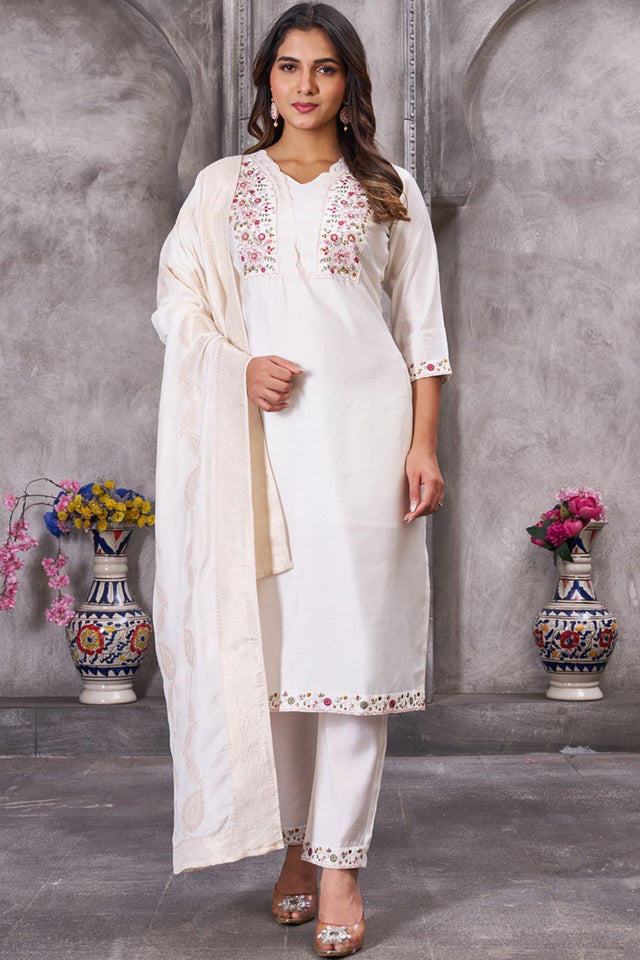 White Sequin with Floral Embroidered Silk Kurti Pant Set (iva-135-White)