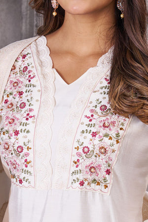 White Sequin with Floral Embroidered Silk Kurti Pant Set (iva-135-White)