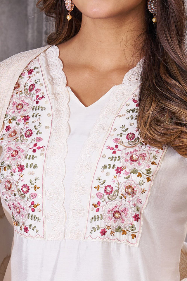 White Sequin with Floral Embroidered Silk Kurti Pant Set (iva-135-White)