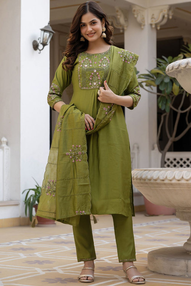 Green Sequin with Floral Embroidered Viscose Kurti Pant Set (iva-144-Green)