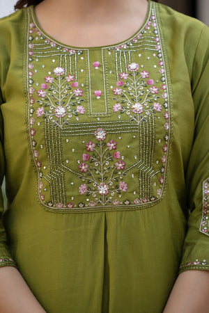 Green Sequin with Floral Embroidered Viscose Kurti Pant Set (iva-144-Green)