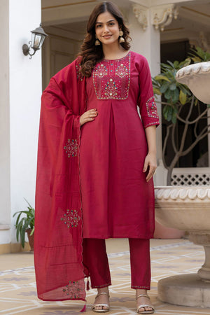 Pink Sequin with Floral Embroidered Viscose Kurti Pant Set (iva-144-Pink)