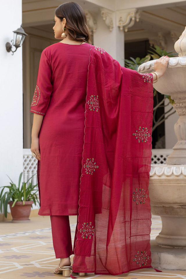 Pink Sequin with Floral Embroidered Viscose Kurti Pant Set (iva-144-Pink)