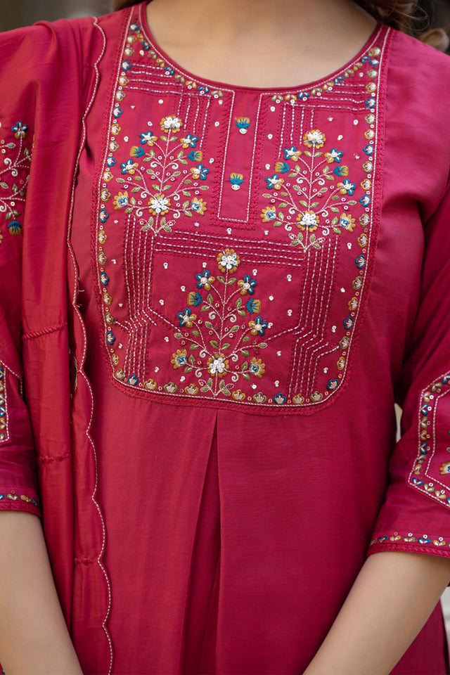Pink Sequin with Floral Embroidered Viscose Kurti Pant Set (iva-144-Pink)