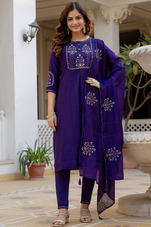 Violet Sequin with Floral Embroidered Viscose Kurti Pant Set (iva-144-Purple)