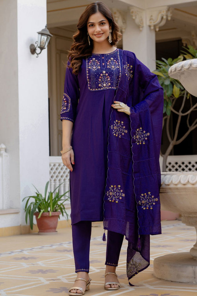 Violet Sequin with Floral Embroidered Viscose Kurti Pant Set (iva-144-Purple)