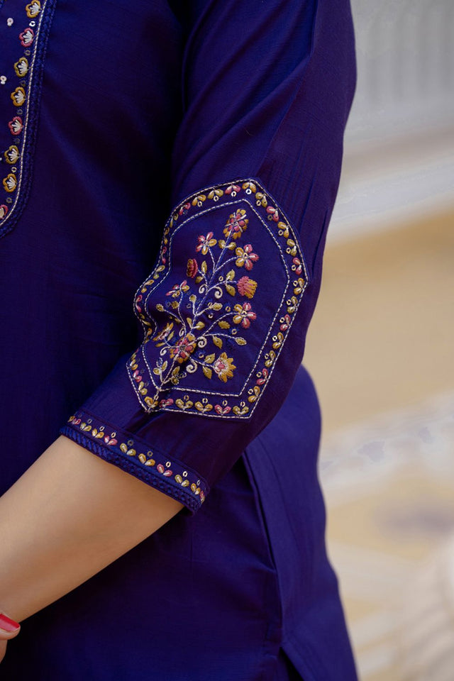 Violet Sequin with Floral Embroidered Viscose Kurti Pant Set (iva-144-Purple)