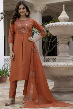 Brown Sequin with Floral Embroidered Viscose Kurti Pant Set (iva-144-Rust)